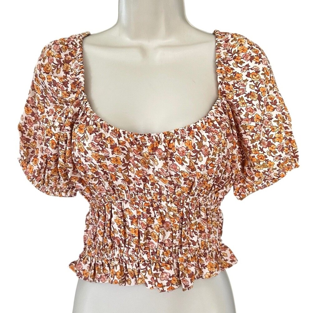 B.O.G Collective Junior's Puff Sleeve Crop Top Floral On/Off Shoulder Size S